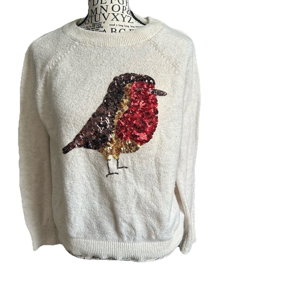 H&M Red Robin Bird Sequined Christmas Sweater Ivory Casual Alpaca Cozy M - Picture 1 of 10
